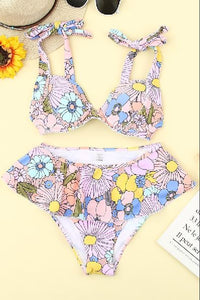 Floral Print Lace-up Ruffled Bikini Swimsuit