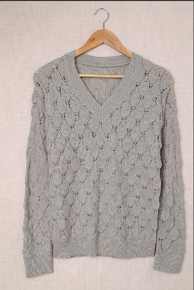 Feather Hollowed-out V-neck Long Sleeve Knitted Sweater