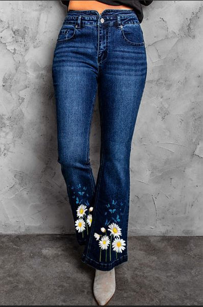 Blue Daisy Print High Waist Flare Jeans
