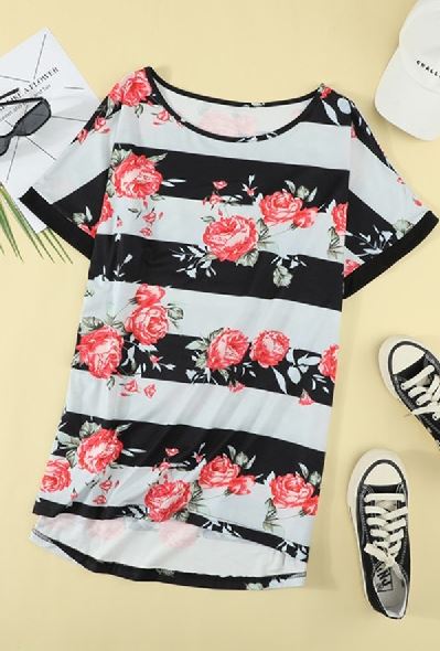 Plus Size Striped Floral Short Sleeve Top