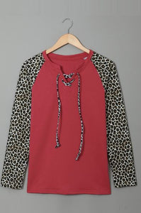 Leopard Patchwork Lace-up Front Long Sleeve Top
