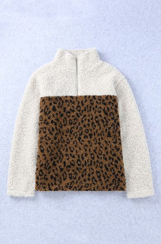 Leopard Colorblock Zipped Sherpa Pullover