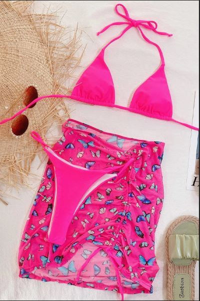 Halter Triangle Bikini with Drawstring Print Skirt