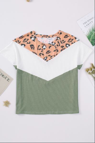 Leopard Color Block Waffle Knit Plus Size T-shirt