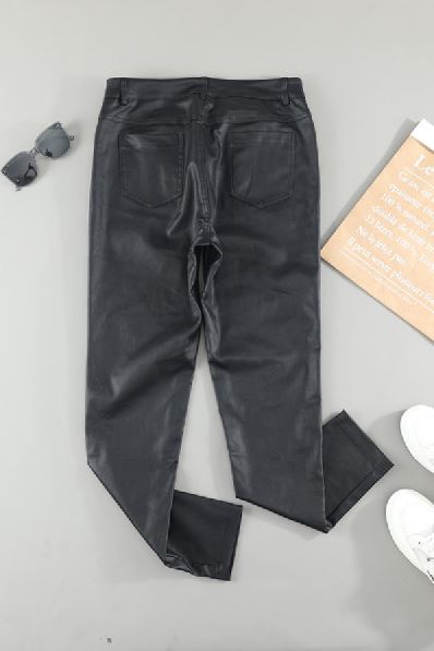 Black Leather Slim Fit Women Pants