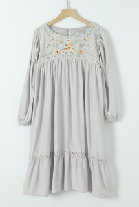 Embroidered Long Sleeve Babydoll Mini Dress