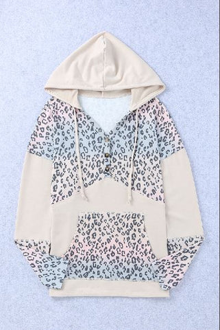 Leopard Patchwork Buttons Hooded Sweatshirt