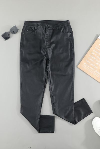 Black Leather Slim Fit Women Pants