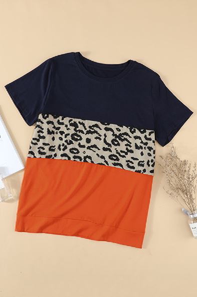 Leopard Accent Color Block Plus Size T-shirt