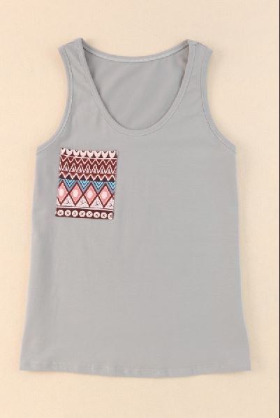 Ethnic Pattern Chest Pocket Casual Tank Top