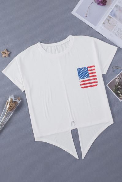 Patriotic Flag Print Short Sleeve Top with Tie Hem
