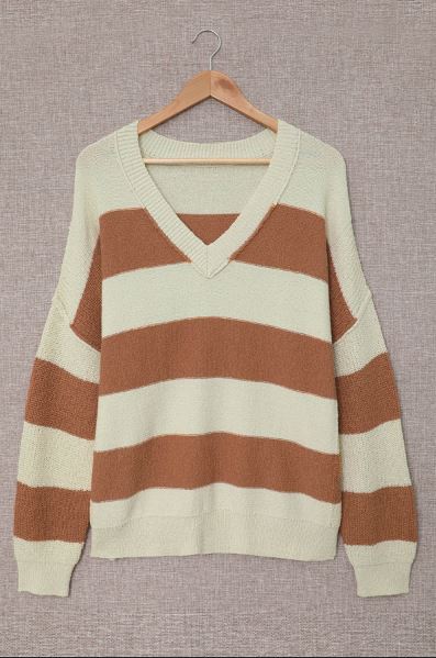 Plus Size Colorblock V Neck Loose Sweater