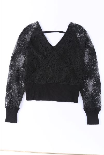 V-Neck Lace Sleeve Pullover Sweater