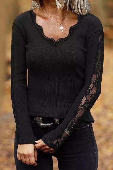 Lace Splicing Scallop V Neck Long Sleeve Blouse