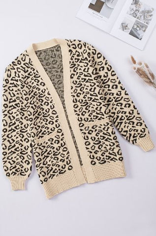 Leopard Knit Open Front Long Cardigan