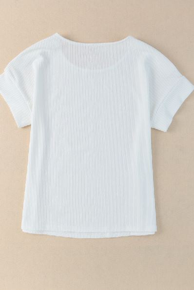 Ribbed Texture Buttoned Shoulder Top