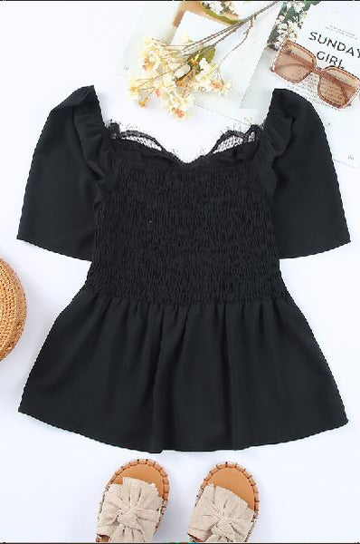 Lace Appliqué Hollow-out Puff Sleeve Peplum Top