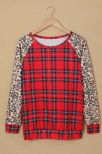 Red O-Neck Leopard Sleeve Plaid Splicing Blouse