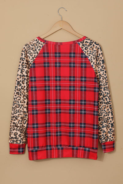 Red O-Neck Leopard Sleeve Plaid Splicing Blouse