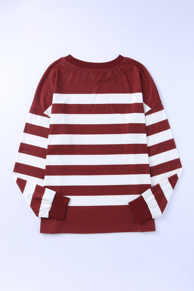 Striped Print Pocketed Long Sleeve Top with Slits