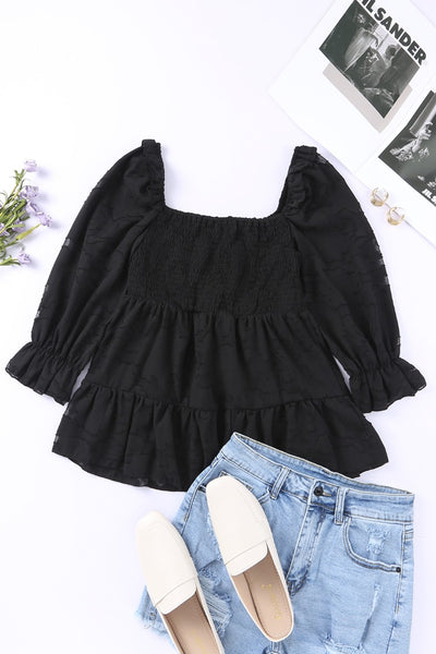 Square Neck Smocked Puff Sleeve Blouse
