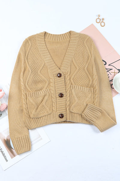 Front Pockets Buttons Textured Cardigan