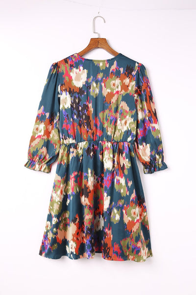 Abstract Print V Neck Puff Sleeve A-line Dress