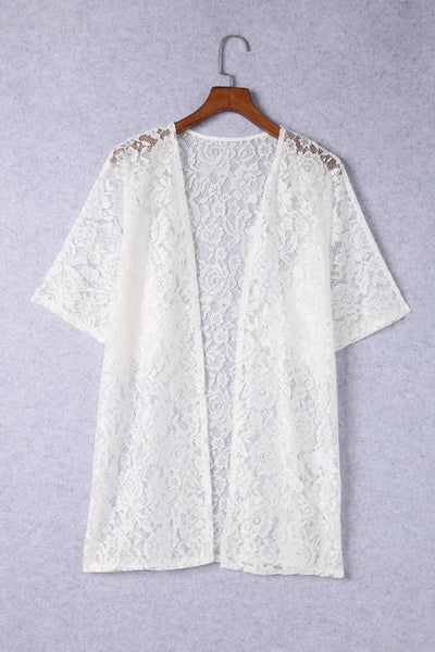 Floral Lace Crochet Short Sleeve Open Front Kimono