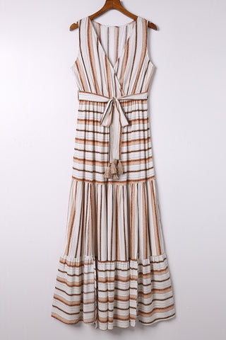 Striped V Neck Sleeveless Maxi Dress with Tie