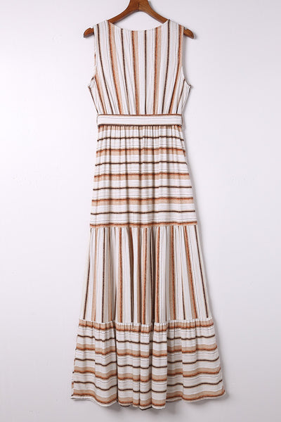 Striped V Neck Sleeveless Maxi Dress with Tie