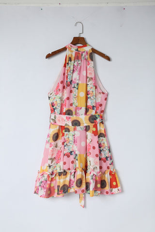 Print Belted Ruffled Sleeveless Mini Dress