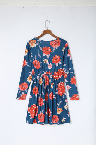 Floral Pleated Long Sleeves Dress