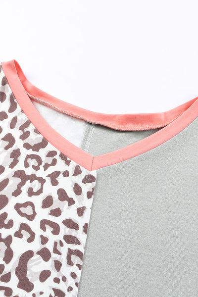 Leopard Color Block V Neck Plus Size Top