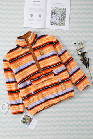 Striped Kangaroo Pocket Buttoned Sherpa Sweatshirt