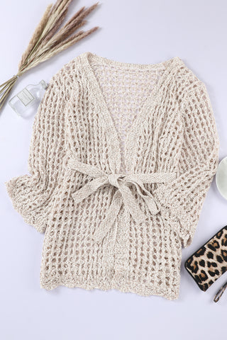 Knit Crochet Open Front Beach Cover Up with Tie