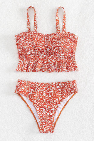 Floral Print Ruffle Trim 2pcs Bikini Swimsuit