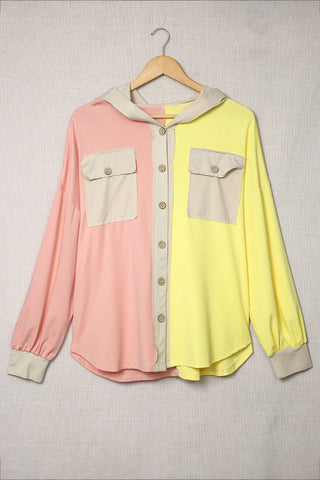 Color Block Pocketed Button Down Shirt Jacket with Hood