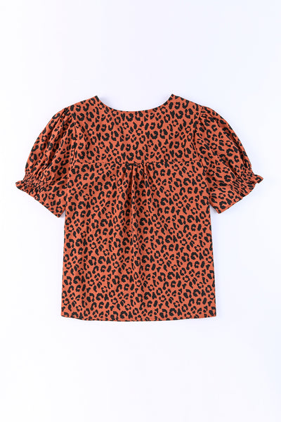 Short Puff Sleeves V Neck Leopard Print Top