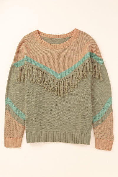 Color Mixed Fringe Pullover Plus Size Sweater