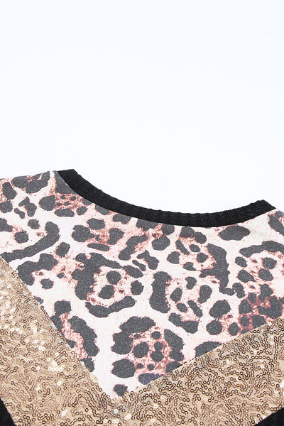Leopard Sequin Waffle Knit Short Sleeve T-shirt