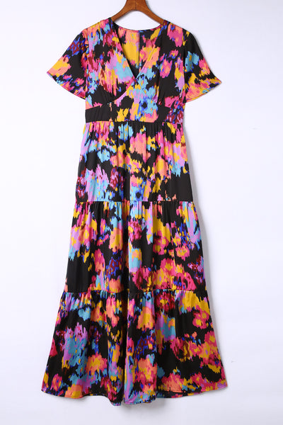 Floral Pattern Flutter Sleeve Tiered Maxi Dress