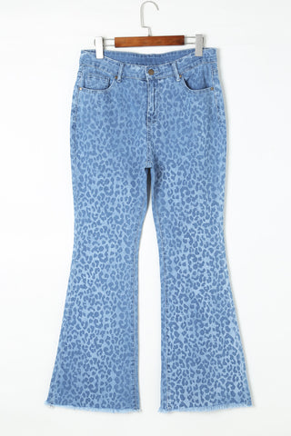 Leopard Print Raw Hem High Waist Flare Jeans