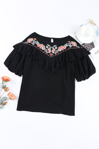 Floral Embroidered Flounce Puff Sleeve Blouse