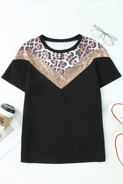 Leopard Sequin Waffle Knit Short Sleeve T-shirt
