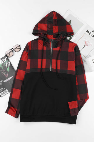 Contrast Buffalo Plaid Zip Pullover Hooded Top