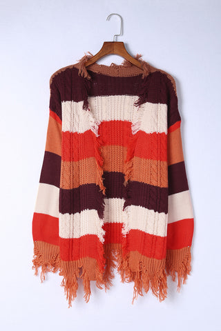 Striped Knit Frayed Hem Cardigan
