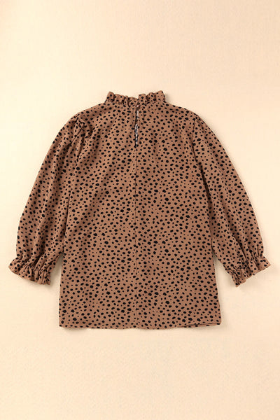 Frilled Neck 3/4 Sleeves Cheetah Blouse
