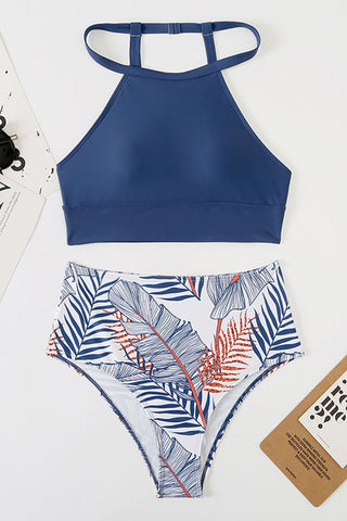 Strappy Halter Bikini Printed High Waist Swimsuit