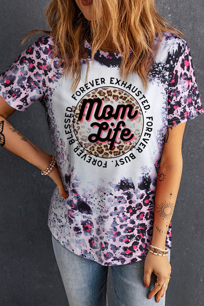 Mom Life Slogan Leopard Bleached Print Graphic Tee